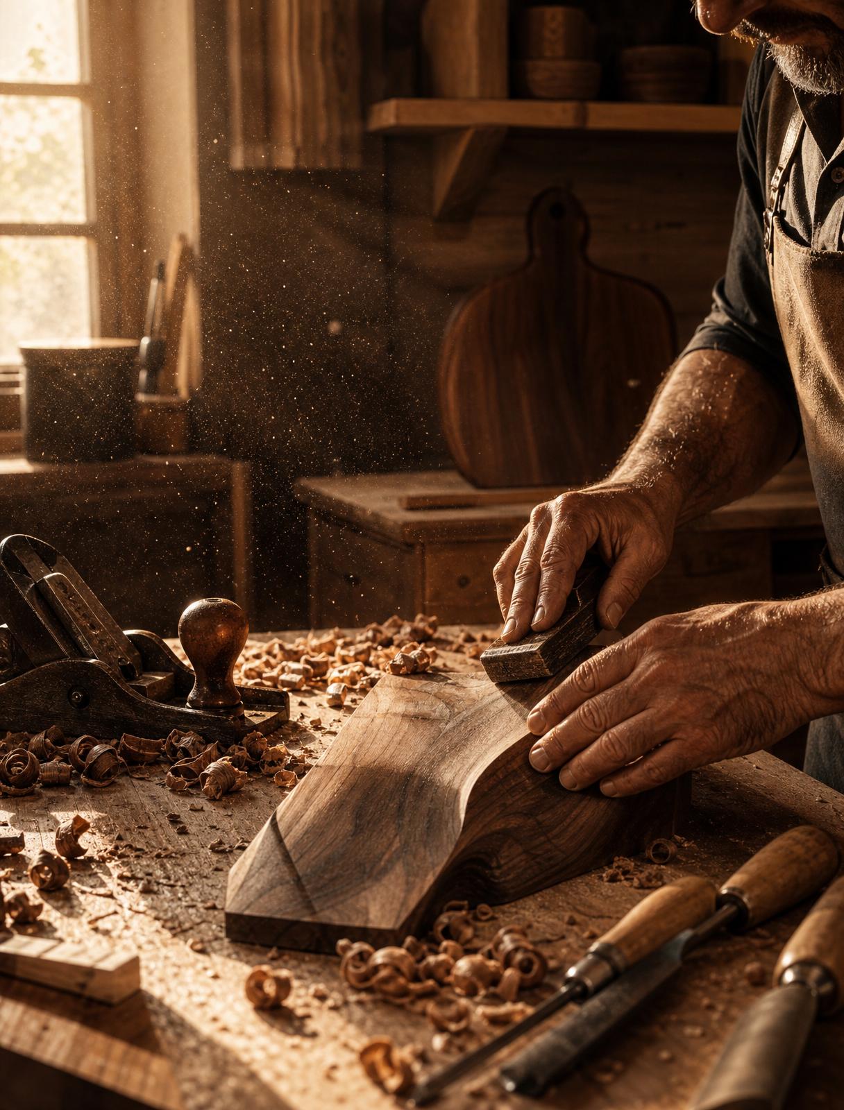 Artesano dando forma a una pieza de madera de nogal en el taller